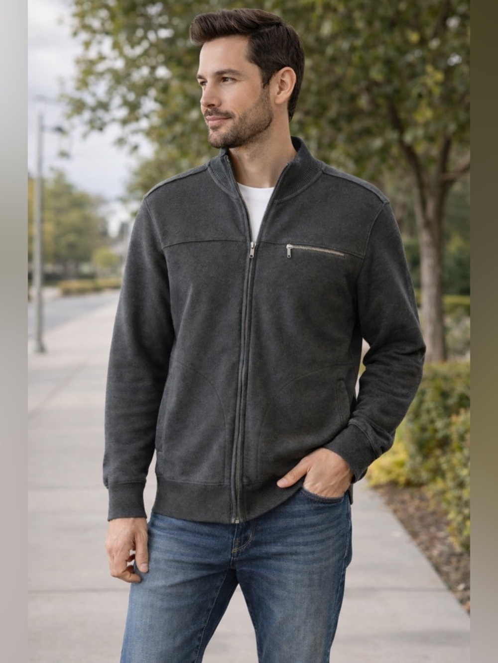 Mark Law Full-Zip Cotton Jacket Sweater | Charcoal Black‎ | Size L